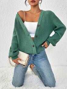 New Elegant Women's Solid-Color Front-Buttoned Knitted Cardigan Jacket For Work, Commuting And Dates - Green - View 7