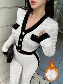 abyoxi Conjunto de 2 piezas de mujer con cárdigan de cuello en V con ribete de contraste en negro y blanco, y pantalones acampanados.Atuendo casual, para citas, fiestas, vacaciones, oficina y ocasiones formales. - Verde militar - Ver 7