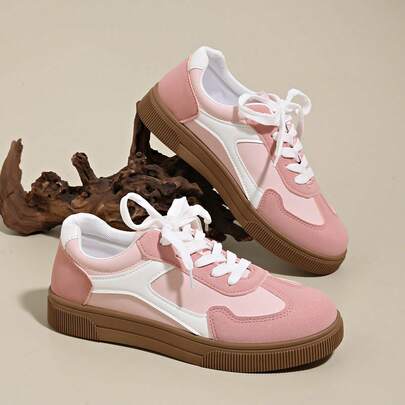 女士多功能时尚休闲鞋，平底系带圆头橡胶底休闲运动鞋，黑卡其色撞色设计，日常百搭鞋款，尺码36-42，时尚滑板鞋，新款