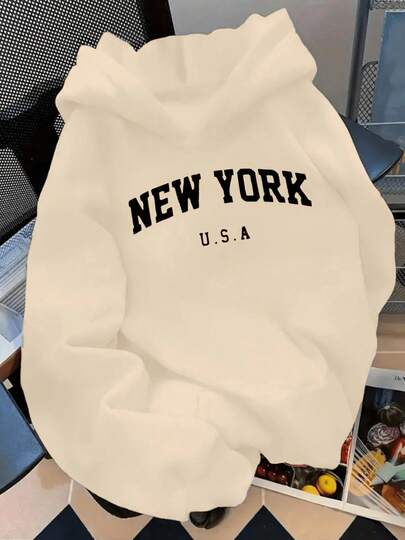 Sudadera hoodie básica mujer dama bolsillo canguro gorro capucha estampado GRAFICO DE CIUDAD NEW YORK CITY GRAPHIC caliente frío uso diario | buena calidad | Textura Suave Fortiz