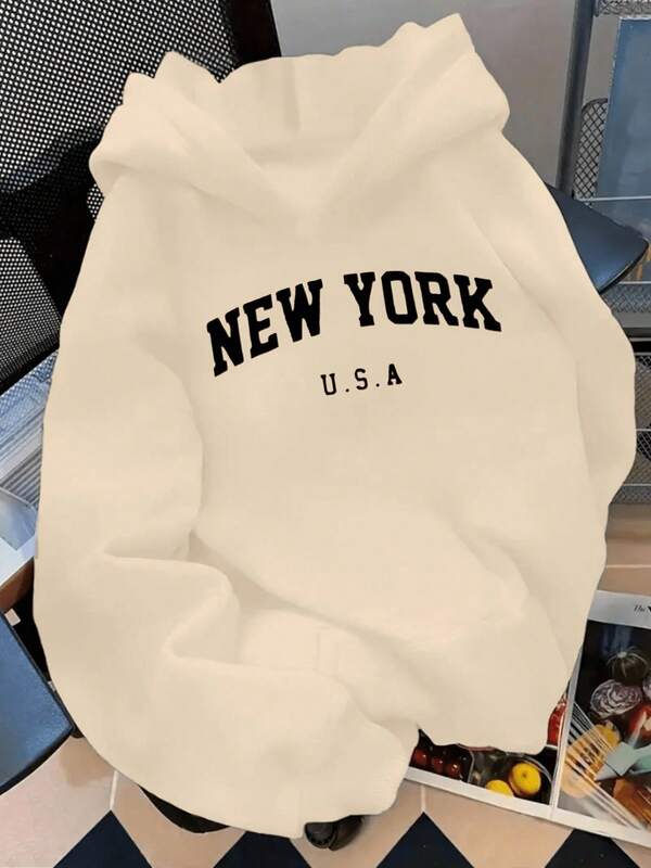 Sudadera hoodie básica mujer dama bolsillo canguro gorro capucha estampado GRAFICO DE CIUDAD NEW YORK CITY GRAPHIC caliente frío uso diario | buena calidad | Textura Suave Fortiz