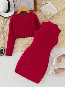 2 件套女童优雅串珠蝴蝶结长袖短款套头衫和酒红色别致立领无袖及膝连衣裙套装，2025 年秋冬
