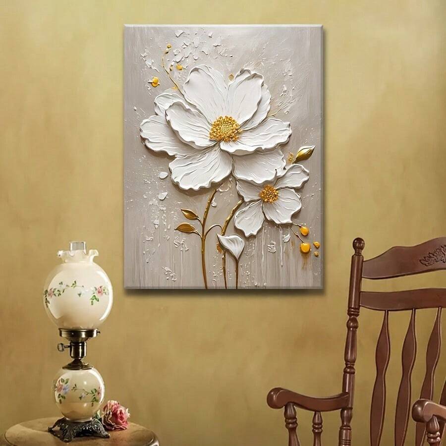 1 pieza Pintura de lienzo floral blanca elegante sin marco - Arte de pared de lienzo 2D, perfecto para decoración de sala de estar, dormitorio, oficina y talla grande decoración de pared