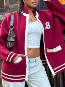 GLOpass Women's Autumn/Winter Striped Contrast Color Double-Zipper Cardigan Sweater, Youthful Knitted Baseball Jacket, Long Sleeve Casual Loose Fit College Style Top With Pockets