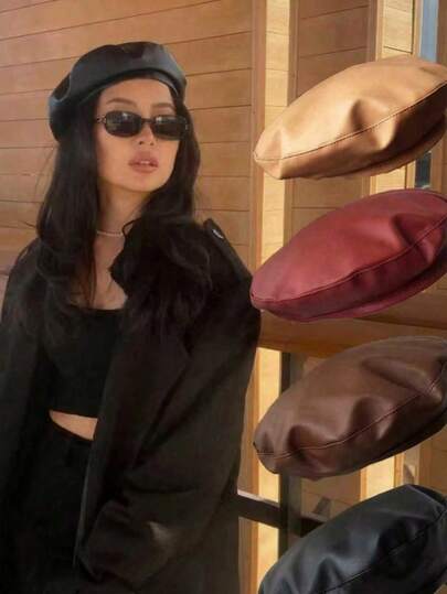 1pc Women's Black Flat Top Beret Hat, Versatile PU Painter Beret, Pumpkin Hat, Autumn/Winter