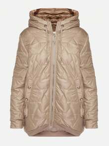 Zip Up Drawstring Hooded Boxy Quilted Coat - Khaki - View 6