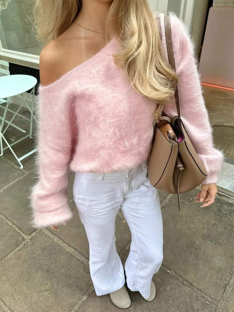 Women's New Casual Solid Slouchy Shoulder Long Sleeve Sweater,Romantic Pink,Ultra Loose Knit Tops