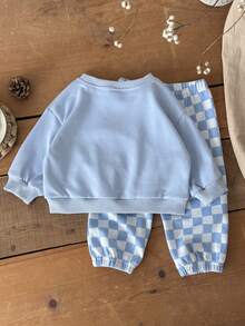 Bộ 2 áo nỉ dài tay cổ tròn màu trơn đơn giản cho bé trai và quần dài kẻ caro, mùa xuân/thu - Màu xanh lam - Xem 5