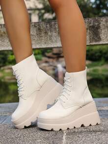 Giày bốt cao đến đầu gối buộc dây đế dày cổ điển dành cho nữ, thiết kế bằng da, giày bốt đi xe máy thường ngày, công sở, đi làm, mũi tròn, thu/đông - trắng - Xem 1