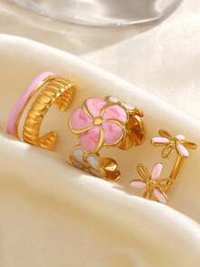 3 件套不锈钢简约 18K 镀金粉色珐琅花戒指，适合女性日常佩戴 - 彩色 - 查看 6