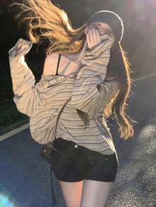 条纹露肩长袖T恤，宽松高端圆领套头衫，春/秋 - 卡其色 - 查看 4