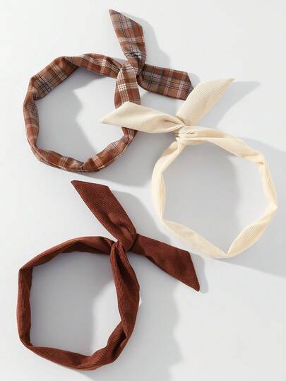 3 件套女士时尚休闲百搭纯色、格子、印花简约扭纹头带配饰蝴蝶结女士头巾冬季头巾