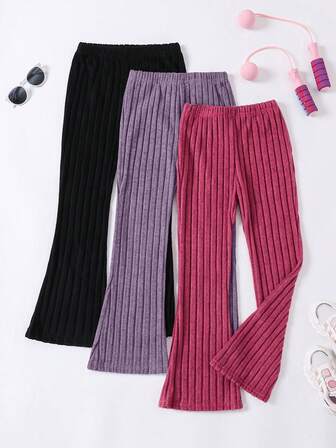 Tween Girl 3st/set Enfärgade Leggings & utsvängda byxor, höst/vinter