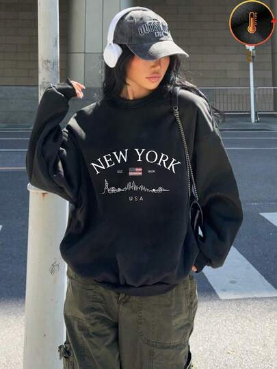 1 pièce Sweat-shirt-shirt col rond en polaire imprimé avec motif de la skyline de New York City USA, cadeau d'anniversaire ou de fête idéal