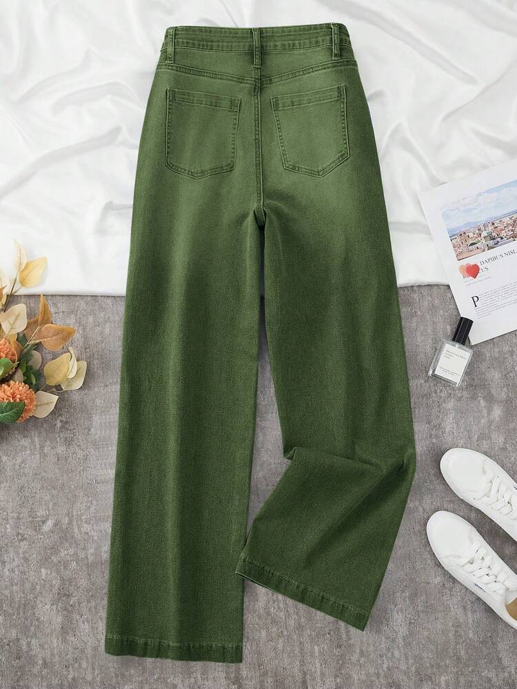 Denim Retos de Perna Larga com Stretch e Desgaste Novo para Mulheres - Verde Militar - Visão 4