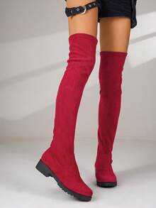 2024 秋冬新款女式方头低跟褶皱皮革套穿过膝长靴 - 玫紅色 - 查看 6