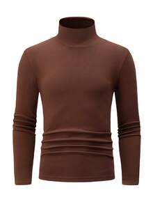 Double-Sided Fleece High Collar Long Sleeve T-Shirt For Men, Autumn/Winter Reversible Turtleneck Thick Warm Casual Undershirt Pullover T-Shirt - Brown - View 3