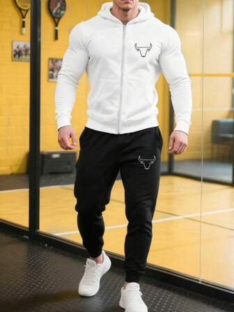 男士运动健身简约印花套装两件套秋冬男士白色拉链连帽开衫+紧身裤公牛图案运动套装健身日常装