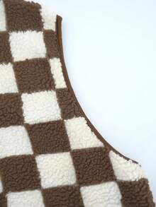 Ins Style Checkerboard Fleece Vest For Women, Cropped Sleeveless Jacket, Retro Square Grid Pattern Loose Waistcoat, Autumn/Winter - Chocolate Brown - View 10