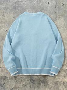 Men's V-Neck Button Striped Knit Cardigan Jacket, Casual Loose Streetwear, Suitable For Spring, Autumn, Winter