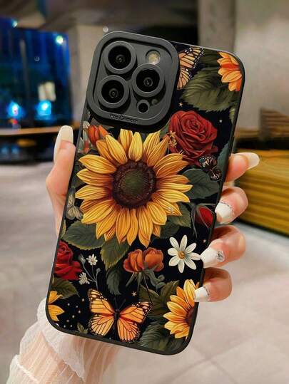 Sunflower Painted Anti-Drop Perforated Black Fashionable Minimalist Protective Phone Case Compatible With IPhone 16/15 XR/7/8/16 ProMax/13 Case/IPhone 15 ProMax/12 ProMax/13 ProMax/14 ProMax 13 14 11 12P 14 Women P11 Soft Shell P12 Anti-Drop XS.XR/78P.78GES2 Compatible Galaxy Redmi 10/9/Note 9/12C/Note 11 Pro/Note 8 Pro/9C/9A Anti-Drop Phone Protective Cover Case