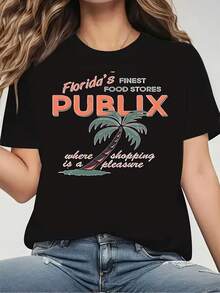 Women's T-Shirt, Soft, Stretchy Crew Neck, Short Sleeves With A Graphic Print, Machine Washable, Fashionable For Spring, Summer, And Fall, Perfect For Halloween, Thanksgiving, And Christmas