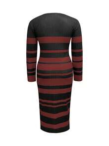 Plus Size Women Ribbed Print Long Sleeve Ribbed Knit Dress, Slimming, Spring/Autumn - Multicolor - View 3