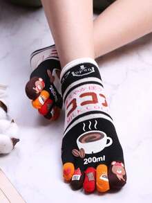 1 Pair Women's Personalized Five Toe Socks, Coffee Toe Separator Socks, Cute Cartoon Mid-Calf Socks, Suitable For Daily Wear, Parties, Performances, Gifts - Multicolor - View 6