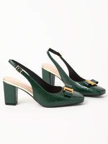 WHDXY 1 双女式方头露背学院风带扣装饰办公室高跟鞋，性感走秀款 7 厘米粗跟正装鞋，适合工作、空乘、派对 - 綠色 - 查看 5