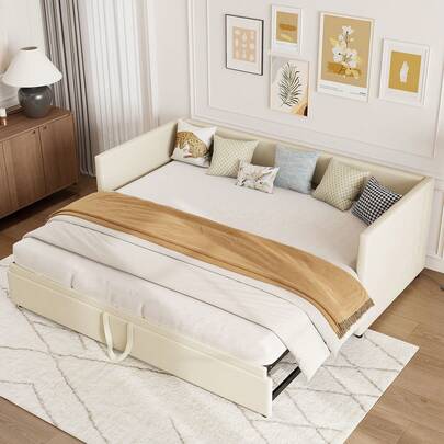 Lit de repos extensible 90/180x200 cm, canapé-lit tapissé extensible avec lit d'appoint, lit en tissu velours extensible en lit double, canapé-lit pour adultes 2 personnes, sans matelas, beige