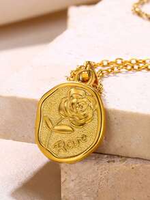 Vandermere 1pc 18K Gold Plated Stainless Steel Rose Flower Pendant Necklace, Vintage Elegant Round Snake Chain, Long-Lasting Color, Hypoallergeni - Golden - View 7
