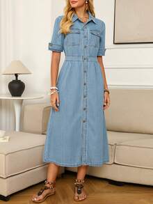 Women's Denim Shirt Dress - Long Vintage Wash Button Front Dress With Utility Pocket For Casual Style - Medium Wash - View 4