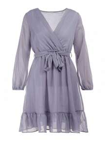Women's Elegant Solid Color Overlap Collar Ruffle Hem Dress, Autumn - Navy Blue - View 6