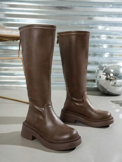 Fall/Winter New Fashion Versatile Back Zipper Solid Color Patchwork Platform Round Toe Thick Heel Leather Long Boots, Knight Boots, Fashion Boots, Over-The-Knee Boots, Thick Heel Boots, Heightening Anti-Slip, Suitable For Vacation, Music Festival, Halloween, Daily Wear,Party