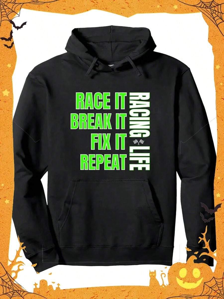 Men's Racing-Inspired Hoodie - Cotton Blend, Sleeveless Pullover With  Pocket, Perfect For Spring-Fall,Fall Hoodies,Men's Fall Clothes,Street Wear,Halloween,Mens Hoodies,Y2k Clothes,Jesus Hoodie,Thanksgiving Day,Nightmare Before Christmas,Christmas - 黑色 - 查看 1