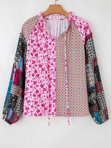 Acelitt Blusa casual de mujer con estampado floral mixto, escote en V, mangas abultadas y hombros descubiertos, estilo bohemio, adecuada para usar de vacaciones en primavera/otoño - Multicolor - Ver 4