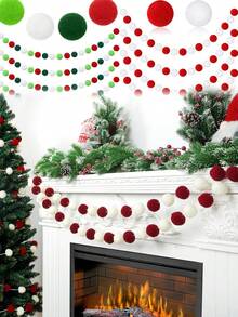 2 pièces Guirlande de boules Pom Pom de 2 mètres, Guirlande de Noël rouge, Décoration de sapin de Noël, Guirlande de boules de feutre de Noël pour la décoration de la maison, la classe, la cheminée, le mur, la fête, l'anniversaire. Décoration de Noël pour la maison, vert et blanc.