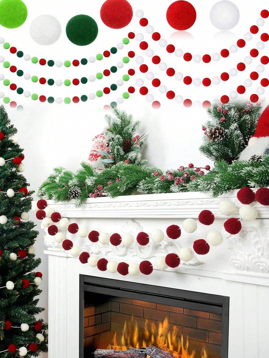 2 pièces Guirlande de boules Pom Pom de 2 mètres, Guirlande de Noël rouge, Décoration de sapin de Noël, Guirlande de boules de feutre de Noël pour la décoration de la maison, la classe, la cheminée, le mur, la fête, l'anniversaire. Décoration de Noël pour la maison, vert et blanc.