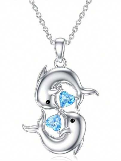 1pc Elegant Inspirational Design With Two Playful Dolphins - Lightweight Luxury Blue Heart Crystal Pendant Necklace, Versatile Choker