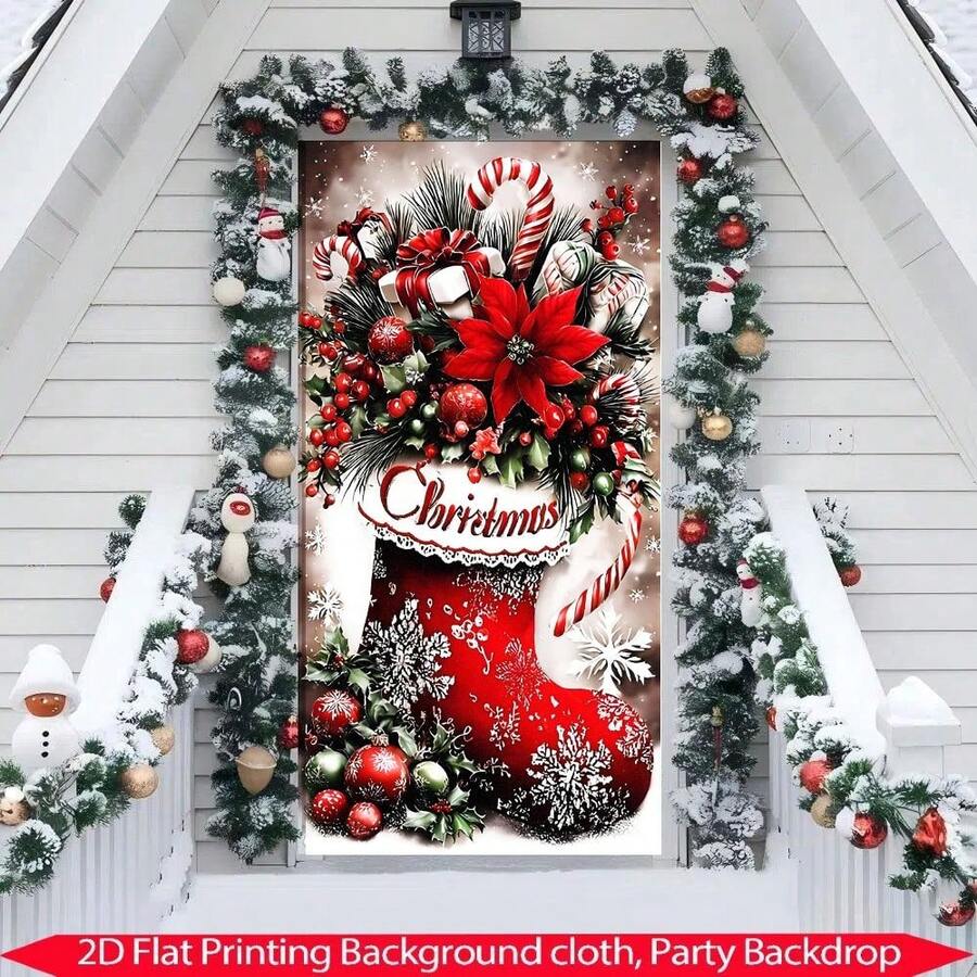 Bandera plana de puerta 2D, 1 pieza, decoración navideña, bandera de puerta con calcetín de caramelo, tela de poliéster duradera, con diseños de copos de nieve, bastones de caramelo y acebo, adecuada para la puerta principal, el porche, decoraciones navideñas interiores y exteriores, adecuada para Navidad, Año Nuevo, decoraciones de puerta de fiesta, colgantes de puerta, cortinas de puerta