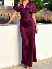 Women's Summer Fashion New V-Neck Waist Cinched Fitted Silk-Like Satin Midi Dress, French Romantic/Vacation Style Elegant - Burgundy - View 3