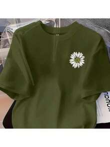 Women's Daisy T-Shirt, 100% Cotton Blouse, Premium Mesh, Short Sleeve, Round Neck Shirt - màu xanh lá - Xem 2