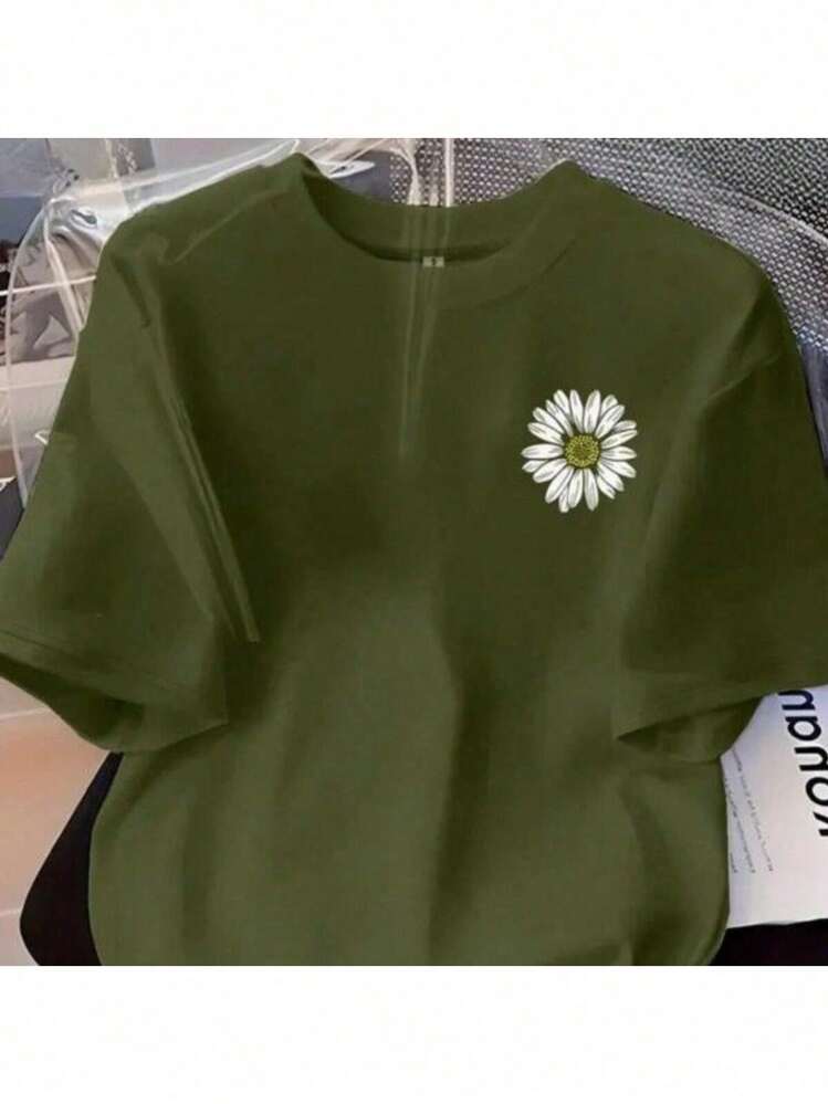 Camiseta Feminina Margarida Blusa 100 % Algodão Malha Premium Manga Curta Camisa Gola Redonda - Verde - Visão 2