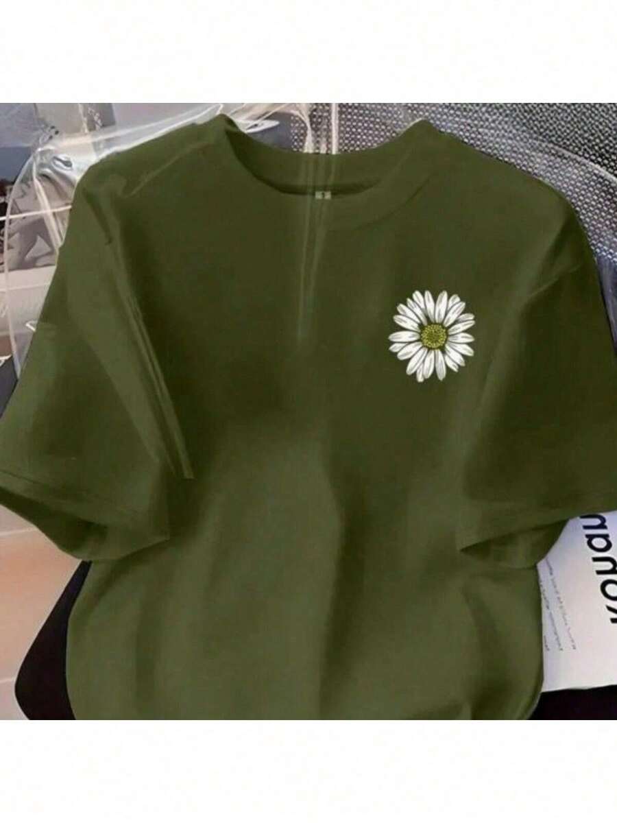 Women's Daisy T-Shirt, 100% Cotton Blouse, Premium Mesh, Short Sleeve, Round Neck Shirt - Green - View 1