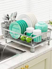 1pc Pink Dish Drying Rack For Kitchen Counter,Rustproof Countertop Dish Drainer With Utensil Holder For Sink,Kitchen Organizer For Dishes, Spoons And Forks