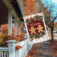 1pc Double-Sided Linen Welcome Gingerbread Couple Christmas Garden Flag - Weather-Resistant Outdoor Holiday Decoration With Festive Gingerbread Men, Red Berries & Golden Accents, No Electricity Needed For Lawn, Yard, Or Porch, Christmas Decorations Outdoor, Yard Decoration, Seasonal Home Accent