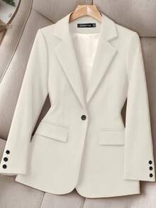 HOMEYEE Women's Lapel Collar Long Sleeve Pocket Vintage Elegant Casual Vacation Business Professional OL Plus Size Top Jacket, Suitable For Spring, Autumn, Winter - 杏色 - 查看 1