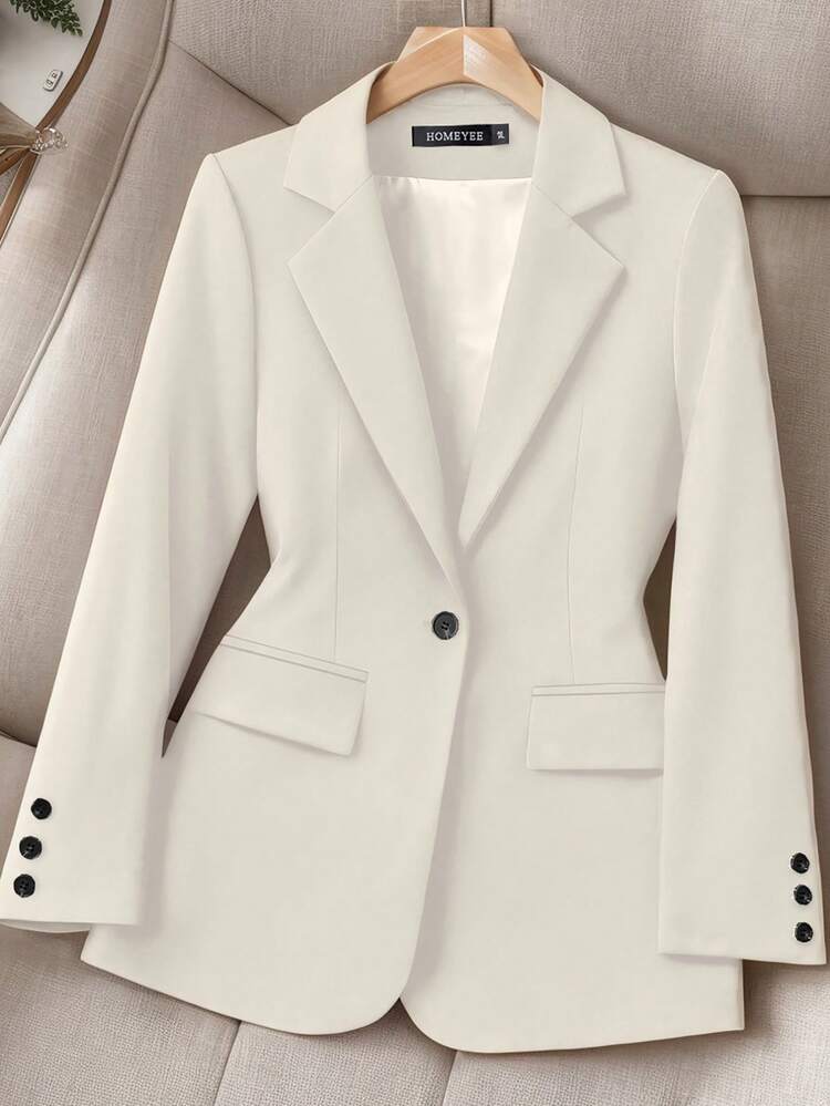 HOMEYEE Women's Lapel Collar Long Sleeve Pocket Vintage Elegant Casual Vacation Business Professional OL Plus Size Top Jacket, Suitable For Spring, Autumn, Winter - 杏色 - 查看 1