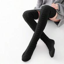 1 Pair Of Women's Over-The-Knee High Socks, Over-The-Knee Knitted Boots And Socks, Warm And Fashionable Warm Leg Covers For Winter, Solid Color Over-The-Knee Knitted Striped And Twisted Pattern Socks, Christmas Clothing, Warm Accessories, Y2k - màu đen - Xem 7