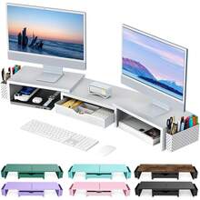 Soporte elevador para monitor dual, organizador de escritorio con cajón y 2 portaplumas, organizadores de escritorio y accesorios, decoración de oficina morada (morado) - blanco - Ver 8